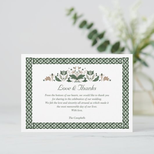 Celtic Knot Modern Floral Irish Wedding DANKE Einladung (Stehend Vorderseite)