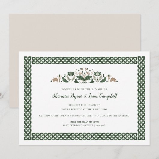 Celtic Knot | Moderne Hochzeit mit irischer Flora Einladung (Vorne/Hinten)