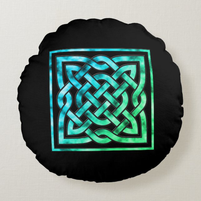 Celtic Knot - Square Blue Green Rundes Kissen (Vorderseite)