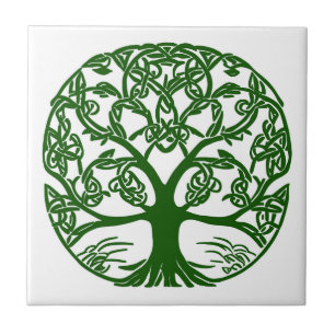 Celtic Knot Tree of Life Green on White Fliese