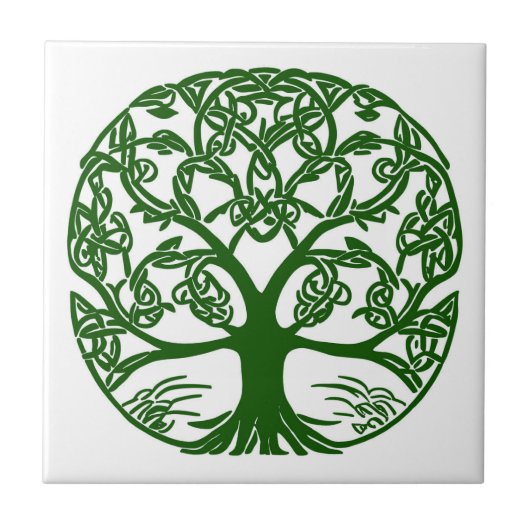 Celtic Knot Tree of Life Green on White Fliese (Vorderseite)