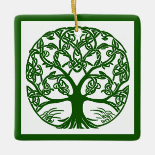 Celtic Knot Tree of Life Green on White Keramikornament