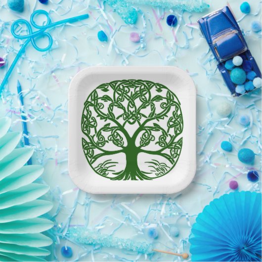 Celtic Knot Tree of Life Green on White Pappteller (Party)