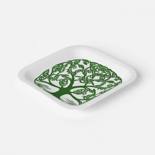 Celtic Knot Tree of Life Green on White Pappteller (Gewinkelt)
