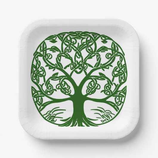 Celtic Knot Tree of Life Green on White Pappteller (Vorderseite)
