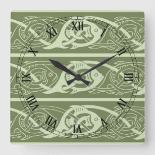 Celtic Knotwork Fish in Green Quadratische Wanduhr