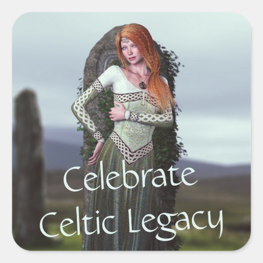 Celtic Lady Posing vor alten Steinen Quadratischer Aufkleber (Vorderseite)
