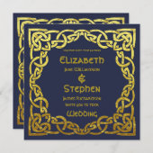 Celtic Navy Blue | Imitate Gold Celtic Knot Weddin Einladung (Vorne/Hinten)