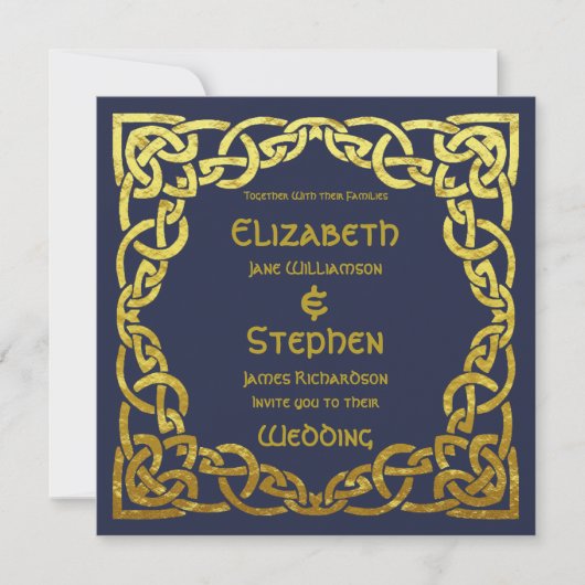 Celtic Navy Blue | Imitate Gold Celtic Knot Weddin Einladung (Vorderseite)