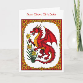 Celtic Red Dragon Holding a Daffodil Karte