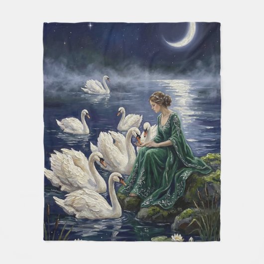 Celtic Swans Moonlit Lake Night Fantasy Art Fleecedecke (Vorderseite)