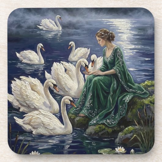 Celtic Swans Moonlit Lake Night Fantasy Art Getränkeuntersetzer (Vorderseite)