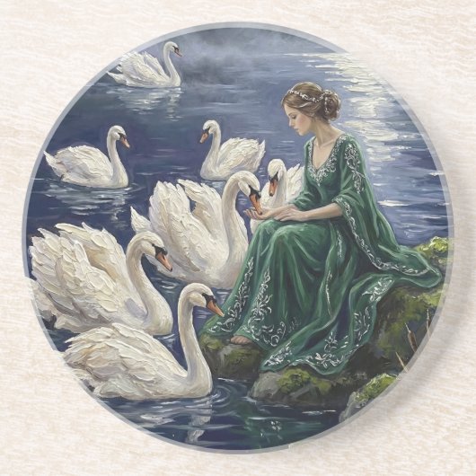 Celtic Swans Moonlit Lake Night Fantasy Art Getränkeuntersetzer (Vorne)