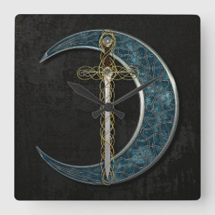 Celtic Sword and Moon Quadratische Wanduhr