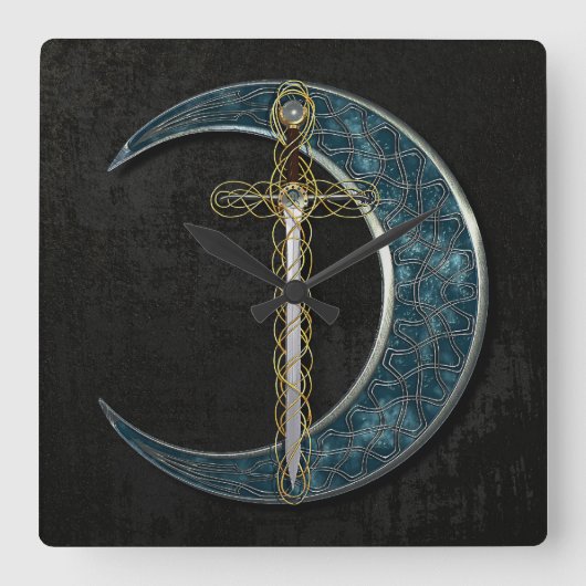 Celtic Sword and Moon Quadratische Wanduhr (Vorderseite)