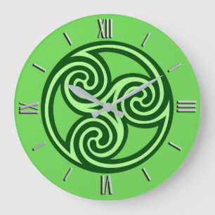 Celtic Triskele Verzierung, Limon und dunkelgrün Große Wanduhr