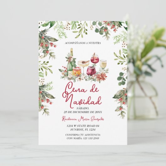 Cena De Navidad Christmas Cocktails Holiday Party Einladung (Stehend Vorderseite)