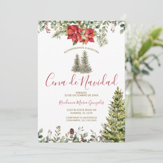 Cena De Navidad Poinsettia Christmas Dinner Party Einladung (Stehend Vorderseite)