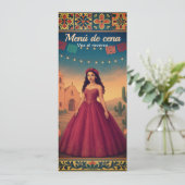 Cena de Quinceañera Vintag con Vestido Rojo Menükarte (Stehend Vorderseite)