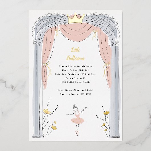 Center Bühne Ballet Kindergeburtstag Party Gold Folieneinladung (Vorderseite)