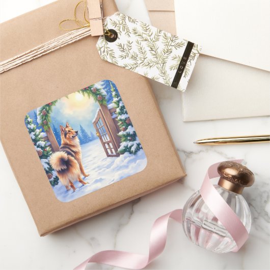 Central Asian Shepherd Snowy Gate Christmas Art Quadratischer Aufkleber (Schenken)