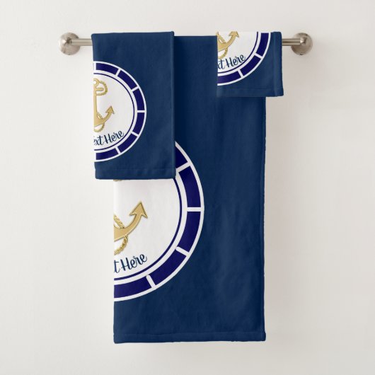 Central Golden Anchor Navy Blue Nautic Badhandtuch Set (Insitu)