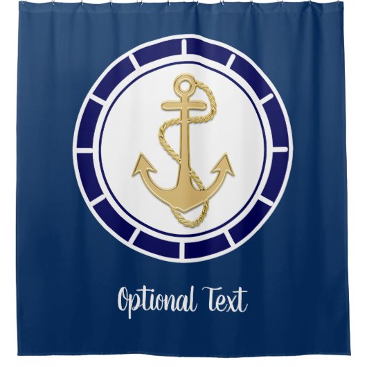 Central Golden Anchor Navy Blue Nautic Duschvorhang (Vorderseite)
