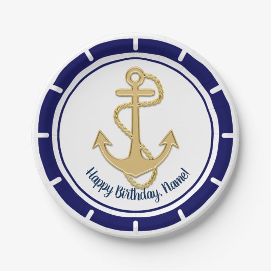 Central Golden Anchor Navy Blue Nautic Pappteller (Vorderseite)