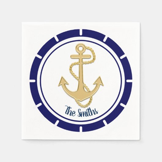 Central Golden Anchor Navy Blue Nautic Serviette (Vorderseite)