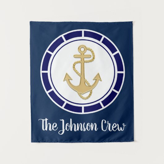 Central Golden Anchor Navy Blue Nautic Wandteppich (Vorderseite)