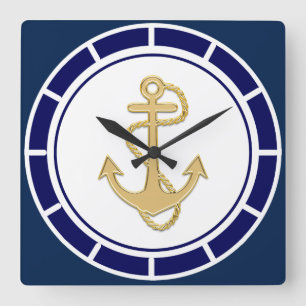Central Golden Anchor Navy Blue Nautical Quadratische Wanduhr