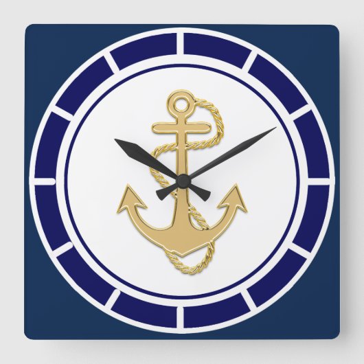 Central Golden Anchor Navy Blue Nautical Quadratische Wanduhr (Vorderseite)