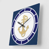 Central Golden Anchor Navy Blue Nautical Quadratische Wanduhr (Winkel)