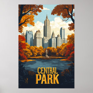 Central Park NYC USA Vintag Illustration Travel Poster