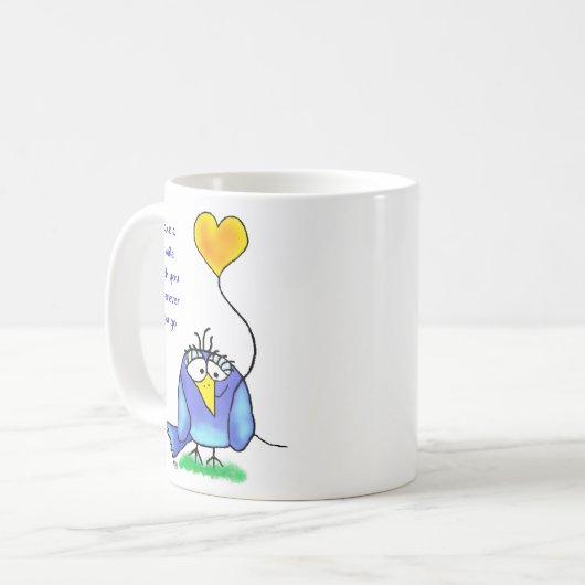 Ceramic Mug - Whimsical Bird with Saying Kaffeetasse (Vorderseite Links)