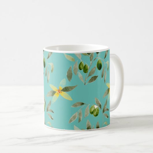 Ceramic mug with olive design on light teal kaffeetasse (VorderseiteRechts)
