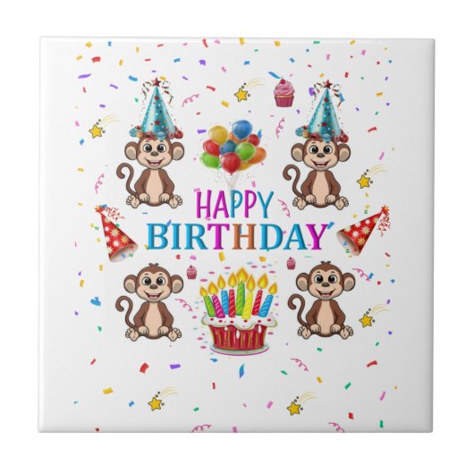 Ceramic Tile Happy Birthday Monkey Cupcake Fliese (Vorderseite)