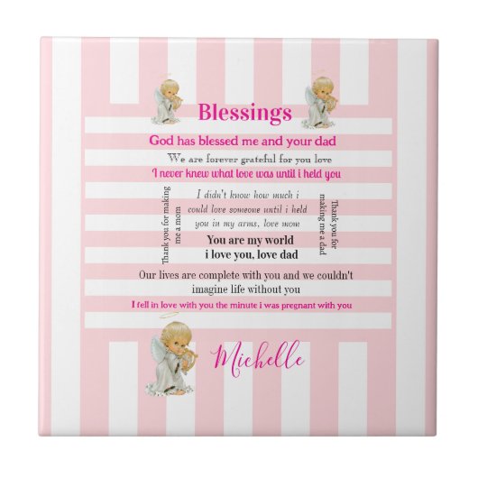 Ceramic Tile Pink & White Stripe Blessings Fliese (Vorderseite)