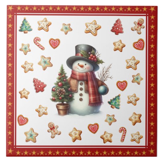 Ceramic Tile Snowman and Christmas Cookies Red Fliese (Vorderseite)