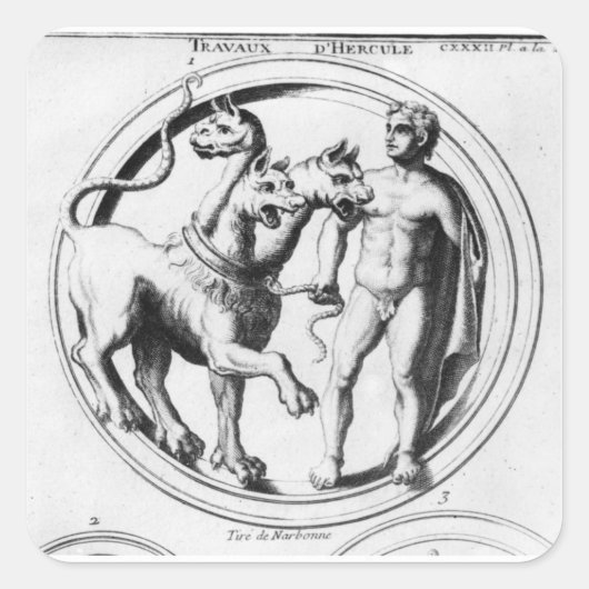 Cerberus Tamed by Hercules Quadratischer Aufkleber (Vorderseite)