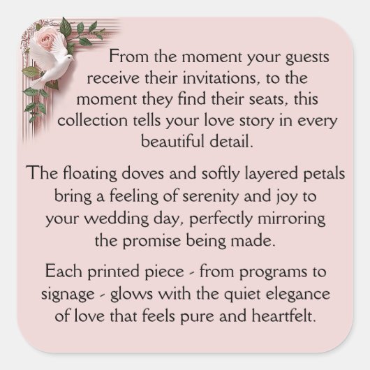 Ceremony -  Pink Roses & Doves Quadratischer Aufkleber (Vorderseite)