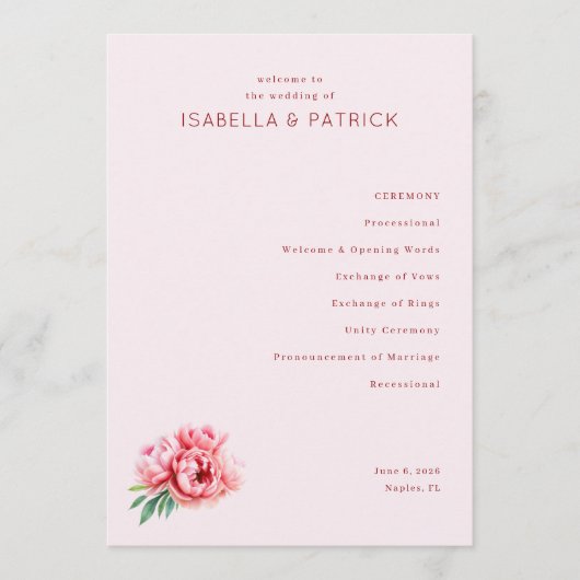 Ceremony Processional Pink Floral Serif Programm (Vorderseite)