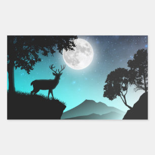 Cerf sous la lune türkis rechteckiger aufkleber
