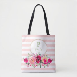 Cerine Floral Monogram on Pink Stripes Tasche