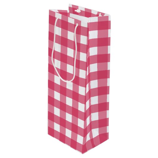 Cerise Gingham Geschenktüte Für Weinflaschen (Vorderseite Schrägansicht)