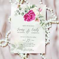 Cerise magenta peony eucalyptus watercolor inviton