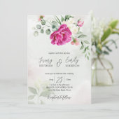 Cerise magenta peony eucalyptus watercolor inviton einladung (Stehend Vorderseite)