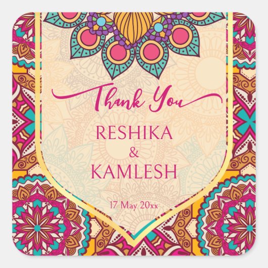 Cerise mandala rangoli Hochzeit personalisierter N Quadratischer Aufkleber (Vorderseite)