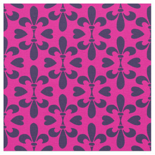 Cerise Pink and Deep Blue Heraldic Fleur-de-Lys Stoff