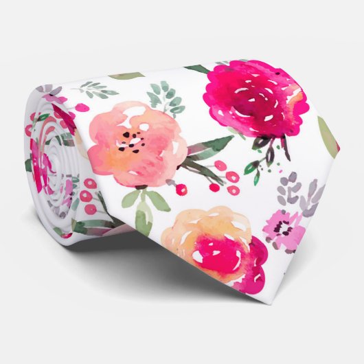 Cerise Pink Watercolor Floral Wedding Krawatte (Gerollt)
